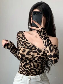 Dazy Star Women's Leopard Print Long Sleeve Asymmetrical Shoulder Fitted T-Shirt - Multicolor - View 7