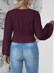 Franclia Blusa de manga larga con cuello en V en unicolor, drapeado y retorcido para tallas grandes