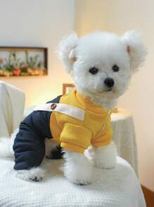 PETSIN 1 件宠物狗秋冬加厚保暖双色牛仔休闲风格二合一工装裤棉服 - 黃色 - 查看 2