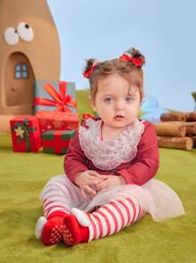 SHEIN Conjunto de pantalones a rayas de Navidad informales para niñas bebé - Rojo y blanco - Ver 5