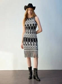 Maija Women's Western-Style Crew Neck All-Over Print Fringe Hem Sleeveless Sweater Dress, Autumn & Winter