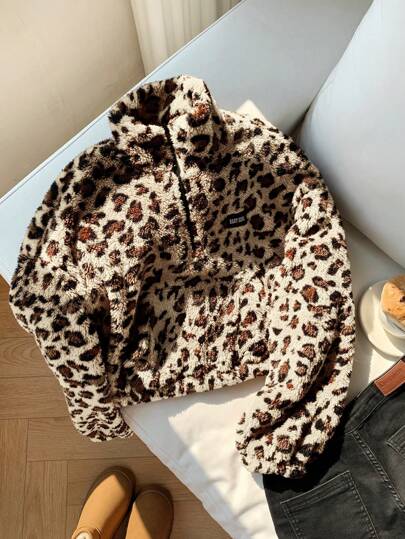 Comfortcana Women's Leopard Print Fleece Zip-Up Front Pocket Casual Sweatshirt,Long Sleeve Tops In Fall/Winter