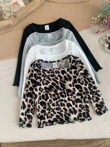 SHEIN Leap Crew 4pcs Knitted Solid & Leopard Print Long Sleeve Casual Set For Baby Girls - Black - View 1