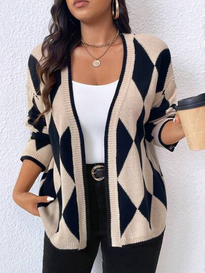 大码女式几何图案落肩长袖休闲开衫，秋冬