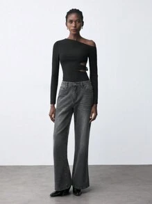 Maija Women's Black Solid Asymmetric Neck Hollow Waist Metal Buckle Fitted Casual Urban Long Sleeve T-Shirt Tops For Early Spring, Suitable For St. Patrick's Day, Easter, Chinese New Year, Music Festivals