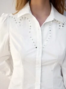Maija Camisa blanca casual de botones con mangas abombadas de larga duración, otoño - Blanco - Ver 3