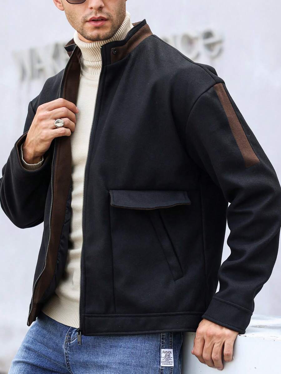 Manfinity Homme Men Solid Color Splicing Front Zipper Long Sleeve Casual Sweater - Black - View 1