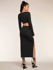 Glamine Set de mini fuste cu mânecă lungă, neagră, sexy, 2 buc