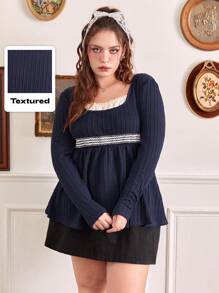 ROMWE Kawaii 加大对比色蕾丝荷叶边娃娃装 T 恤，学校 - 藏蓝色 - 查看 1