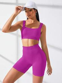 Easithlete 运动套装，厚罗纹，骑行健身，深U型背，高腰收腹，提臀，适合农历新年健身女士套装 - 中紫紅色 - 查看 2
