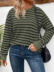 INAWLY 大码休闲圆领长袖条纹 T 恤，秋冬季，适合感恩节 - 軍綠色 - 查看 4