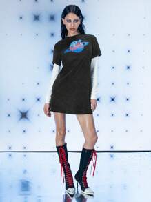 FREAK CITY Designer Women 2-In-1 Contrasted Sleeve Printed Washed Retro Street Black T-Shirt Dress, Holiday, Vacation, Spring, Festival, Ibiza Fits, Graphic Tees - Black - View 3