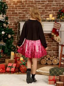 طقم فتيات تويني 2قطعة، ملابس علوية بأكمام طويلة ياقة مستديرة مزين بترتر وتنورة كاجوال بسيطة - متعدد الألوان - مشاهدة 2