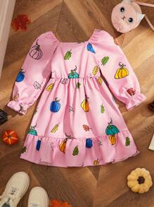 Girls' Colorful Pumpkin Print Ruffled Waist Dress For Halloween, Toddler