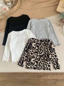 SHEIN Leap Crew 4pcs Knitted Solid & Leopard Print Long Sleeve Casual Set For Baby Girls - Black - View 2