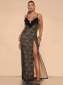 SHEIN BAE Women's Elegant Black Floral Lace Spaghetti Strap Ruffle Hem High Slit Dress,Summer Party Cocktail, Date,Formal Occasion Night Out,Christmas - Black - View 8