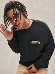 TEENAGE MUTANT NINJA TURTLES | SHEIN Áo thun nam in hình chú rùa hoạt hình và khẩu hiệu, dáng rộng, mùa xuân và thu - màu đen - Xem 2