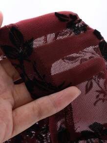 DAZY 情人节红色花卉全印花网眼袖女式 T 恤透明长袖女式上衣，秋季女装 - 酒紅色 - 查看 9