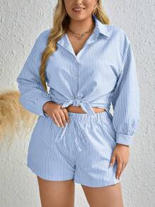 Inoviana Plus Size Striped Shirt And Shorts Set, Summer - Blue and White - View 3