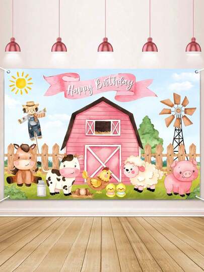 SHEIN 1 Pieza Pancarta de fondo de fiesta de cumpleaños con estilo de animales de granja de 210*150cm/150*100cm/75*100cm,decoración perfecta para la pared de la sala de fiesta de cumpleaños, valla interior y exterior, tela colgante de decoración, decoración del festival del hogar para regalo del día de San Valentín y regreso a la escuela