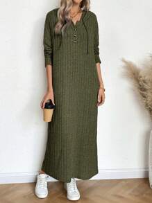 SHEIN LUNE Women's Solid Color Drop Shoulder Long Sleeve Button Hoodie Long Casual Dress, Spring/Fall - Army Green - View 5