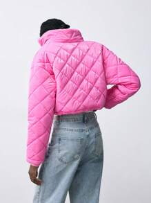 Maija 女士冬季时尚纯色菱形绗缝立领短款棉服外套 - 粉色 - 查看 2