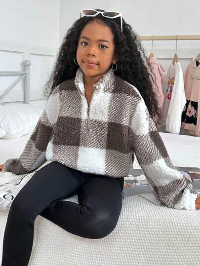 Tween Girls' Casual Reversible Plaid Fleece Warm Funnel Neck Half Zip Up Hooded Sweatshirt,In Fall/Winter