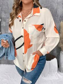 SHEIN VCAY Plus Size Floral Print Button Front Pockets Casual Long Sleeve Shirt