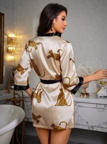 LuxeNights Leopard Print Mid-Length Sleeve Robe, Casual Daily Wear Luxe Loungewear, Fall, Winter - Multicolor - View 6