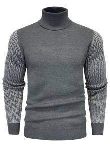 Manfinity Mode 男士几何图案高领休闲宽松针织毛衣，秋冬 - 深灰色 - 查看 1