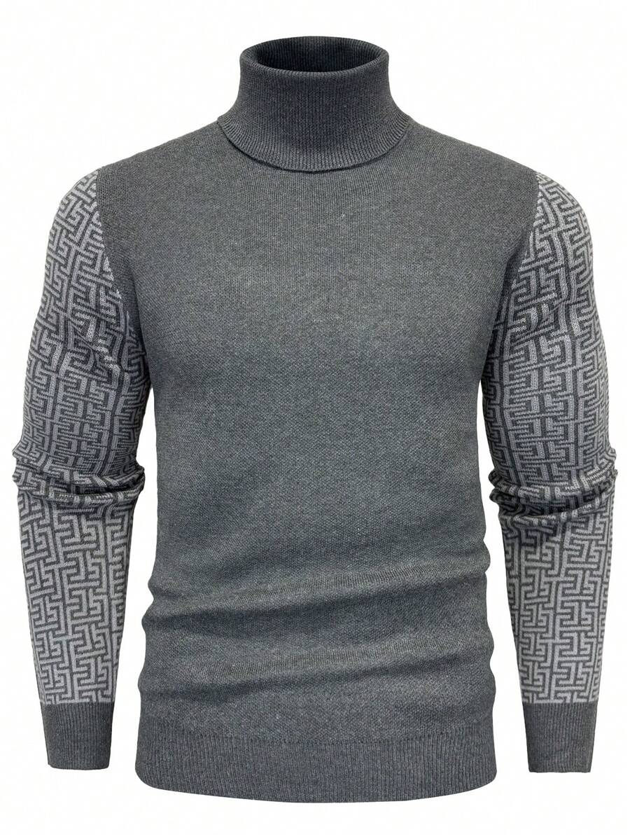 Manfinity Mode 男士几何图案高领休闲宽松针织毛衣，秋冬 - 深灰色 - 查看 1
