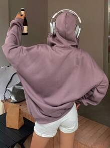 DAZY Women's Solid Color Drop Shoulder Long Sleeve Zip-Up Hooded Casual Fleece Sweatshirt, Fall/Winter Jacket - Dusty Purple - View 5