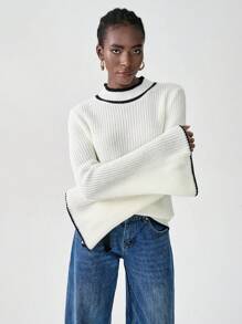 Chiquease Blusa casual de cuello redondo de manga larga con ribete de contraste, suéter de punto para otoño e invierno - Beis - Ver 5