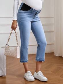 SHEIN Maternity Plain Color Patchwork Front Button Casual Denim Jeans - Medium Wash - View 2