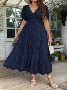 SHEIN Clasi 大码女式 V 领提花镂空优雅连衣裙长款女装 - 藍色 - 查看 4