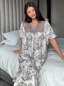 DAZY Lace Patchwork Chinese Style Allover Print Button Front Ruffle Hem Nightgown Pajama - Khaki - View 5