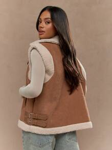 MISSGUIDED Sleeveless Aviator Vest Shearling Lined Winter Suede Sherpa Cargo Utility Gilet With Side Buckles And Zip Front