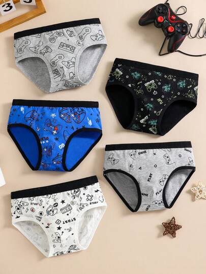 5pcs/Pack Young Boy Simple Game Pattern Breathable Soft Cotton Briefs
