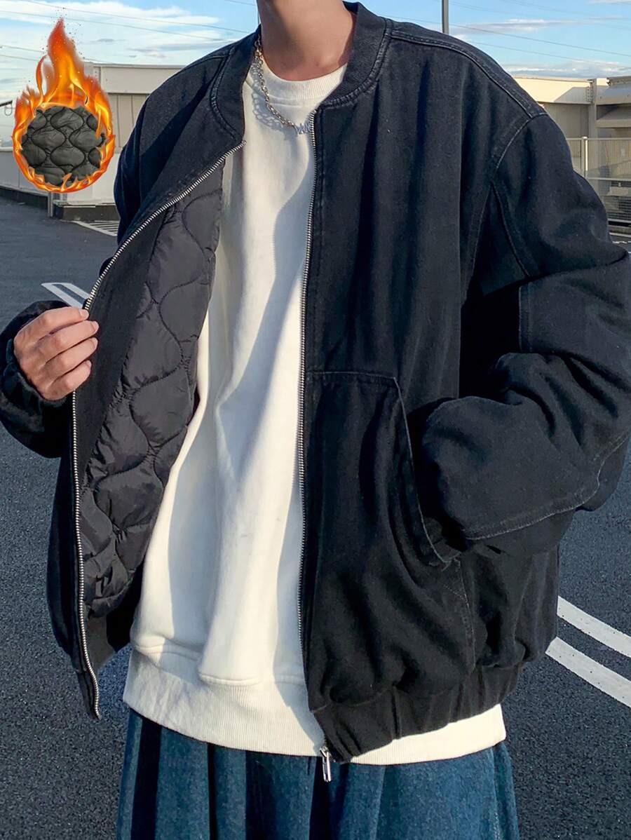 Manfinity Hypemode Men's Black Washed Plain Casual Dark Denim Thermal Lined Baseball Jacket, For Going Out - Dark Grey - View 1