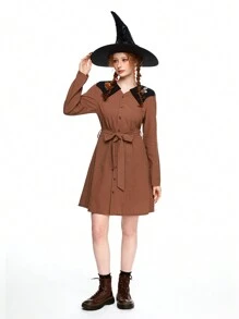 ROMWE Fairycore 万圣节林地南瓜和蝙蝠刺绣荷叶边领连衣裙