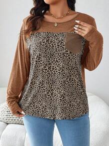 SHEIN LUNE Plus Size Women Spring Autumn Splice Leopard Print Crew Neck Long Sleeve Pocket Casual T-Shirt Thanksgiving Outfit Holiday Outfit