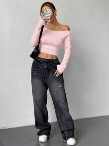 SHEIN Unity Women's Simple Solid Color Open Shoulder Long Sleeve Casual Sweater, Long Sleeve Top Knit Pullover Fall Winter - Baby Pink - View 5