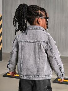 SHEIN Explorewe Young Boys Denim Jacket New Casual Fashion Distressed Washed Denim Jacket - Grey - View 3