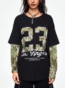 ROMWE Grunge Punk Casual & Oversized Dry Branch & Letter Print T-Shirt For Women, Sports Style