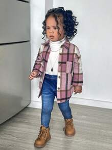 SHEIN Leap Crew 3pcs Baby Girl Adorable Plaid Shirt, Knit Sweater And Pants Set, Autumn/Winter - Pink - View 5