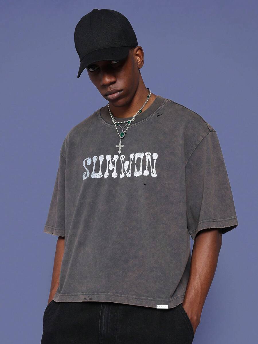 SUMWON Camiseta ajustada lavada con estampado gráfico - Negro - Ver 1