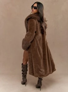 MISSGUIDED 奢华长款毛绒人造毛皮冬季立领外套柔软羊毛泰迪超大外套秋季节日派对晚装保暖舒适夹克 - 棕色 - 查看 2