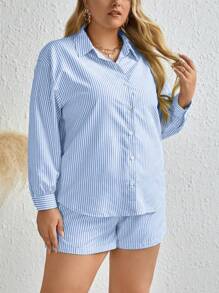 Inoviana Plus Size Striped Shirt And Shorts Set, Summer - Blue and White - View 5