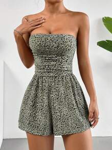 Muchica 女士度假豹纹抹胸时尚牛仔连身裤 - 軍綠色 - 查看 3