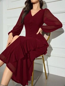 Modelyn Burgundy Red Women's Solid Color V-Neck Long Sleeve Front Button Minimalist Ruffle Trim Dress
